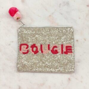 Silver Sparkle BOUGIE Beaded Pom-Pom Zippered Coin Money Storage Bag Pouch Purse